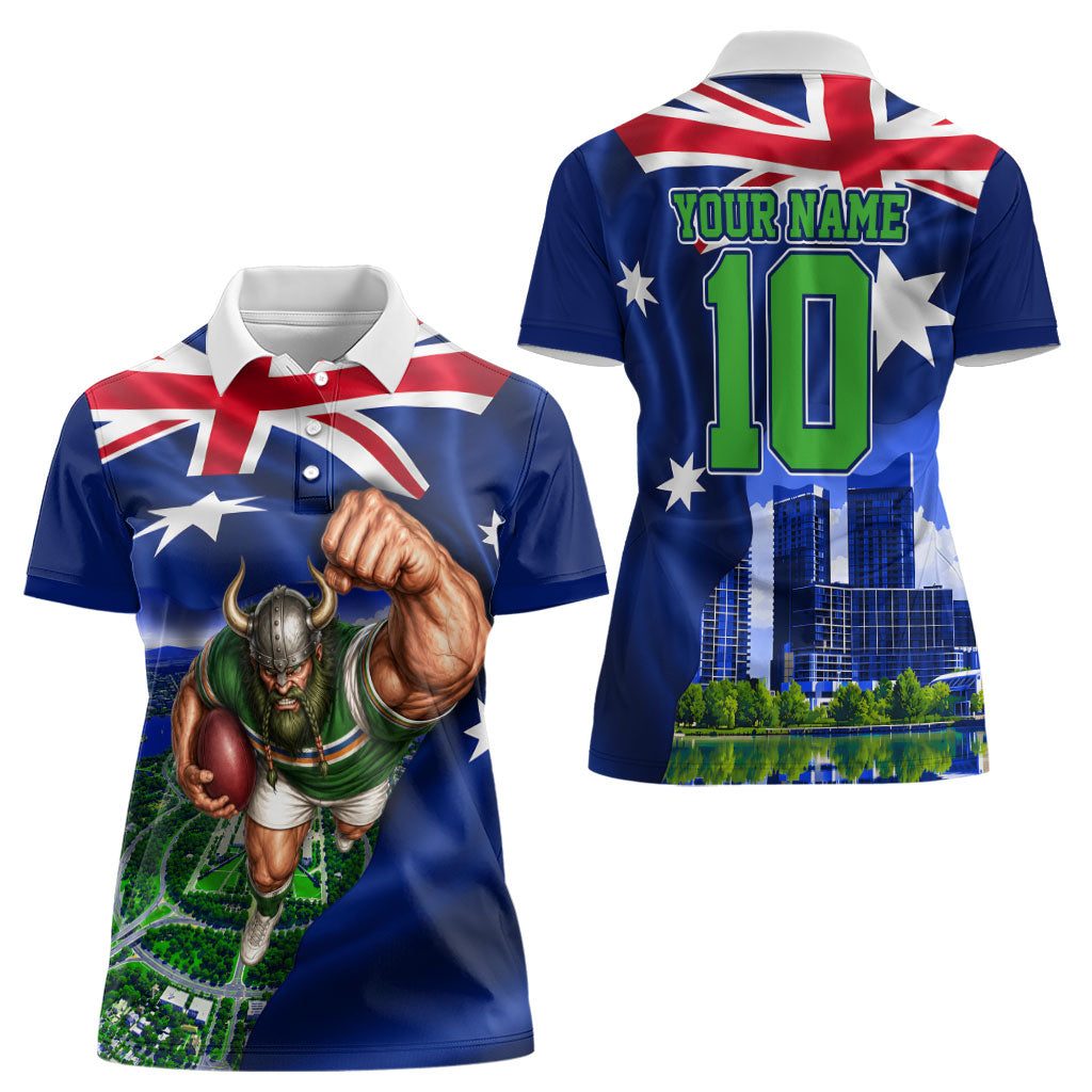 Personalized Canberra Raiders Rugby Women Polo Shirt Viking Mascot And Canberra Skyline Flag Art