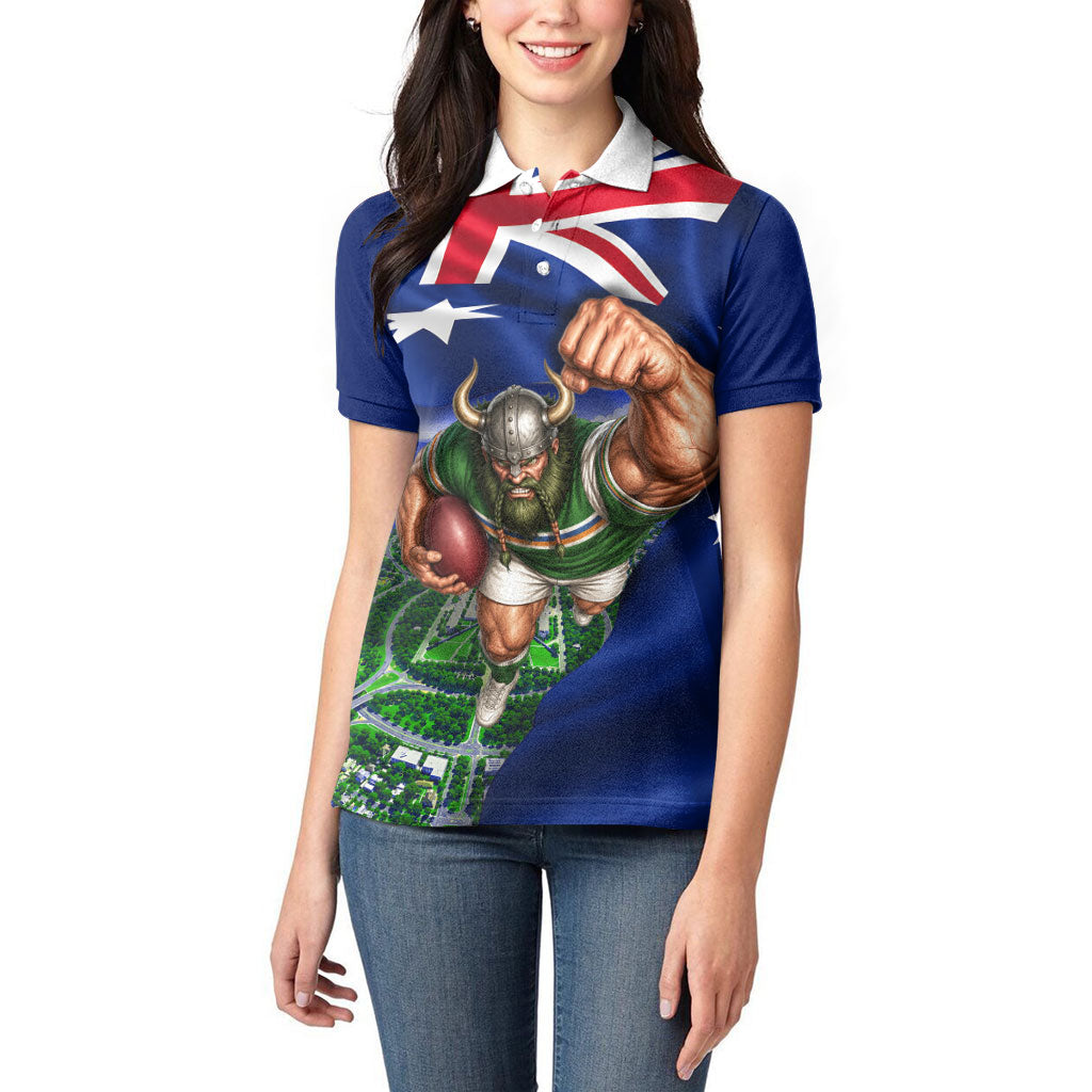 Personalized Canberra Raiders Rugby Women Polo Shirt Viking Mascot And Canberra Skyline Flag Art