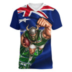 Personalized Canberra Raiders Rugby Women V-Neck T-Shirt Viking Mascot And Canberra Skyline Flag Art