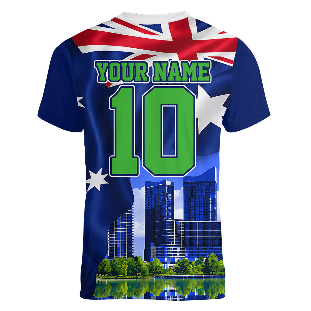 Personalized Canberra Raiders Rugby Women V-Neck T-Shirt Viking Mascot And Canberra Skyline Flag Art