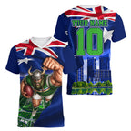 Personalized Canberra Raiders Rugby Women V-Neck T-Shirt Viking Mascot And Canberra Skyline Flag Art