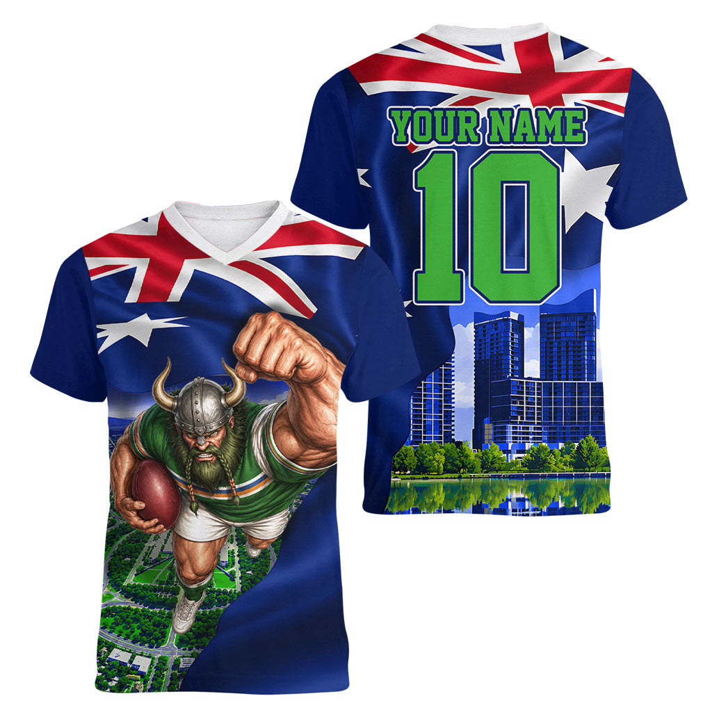 Personalized Canberra Raiders Rugby Women V-Neck T-Shirt Viking Mascot And Canberra Skyline Flag Art