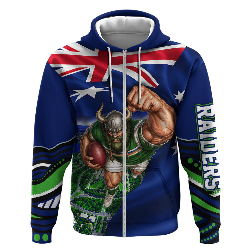 Personalized Canberra Raiders Rugby Zip Hoodie Viking Mascot And Canberra Skyline Flag Art