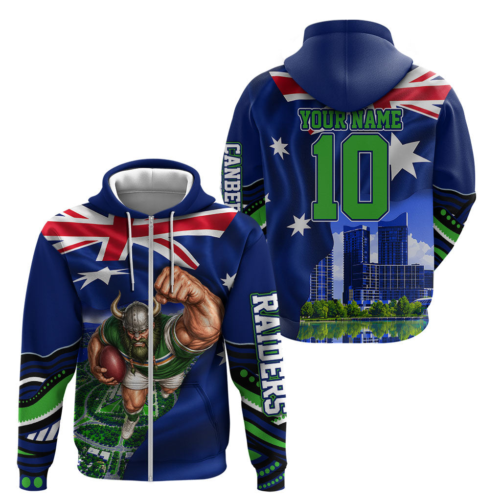 Personalized Canberra Raiders Rugby Zip Hoodie Viking Mascot And Canberra Skyline Flag Art