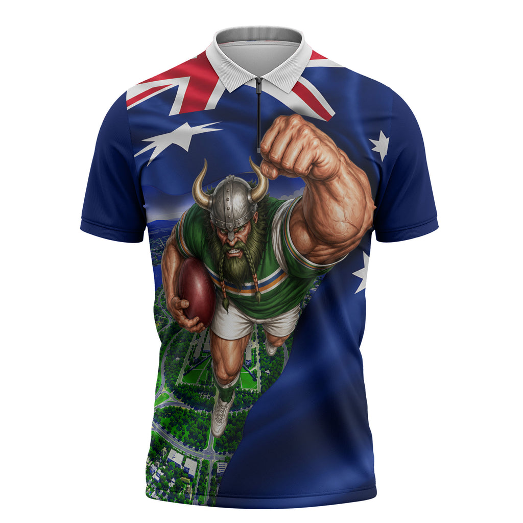 Personalized Canberra Raiders Rugby Zipper Polo Shirt Viking Mascot And Canberra Skyline Flag Art