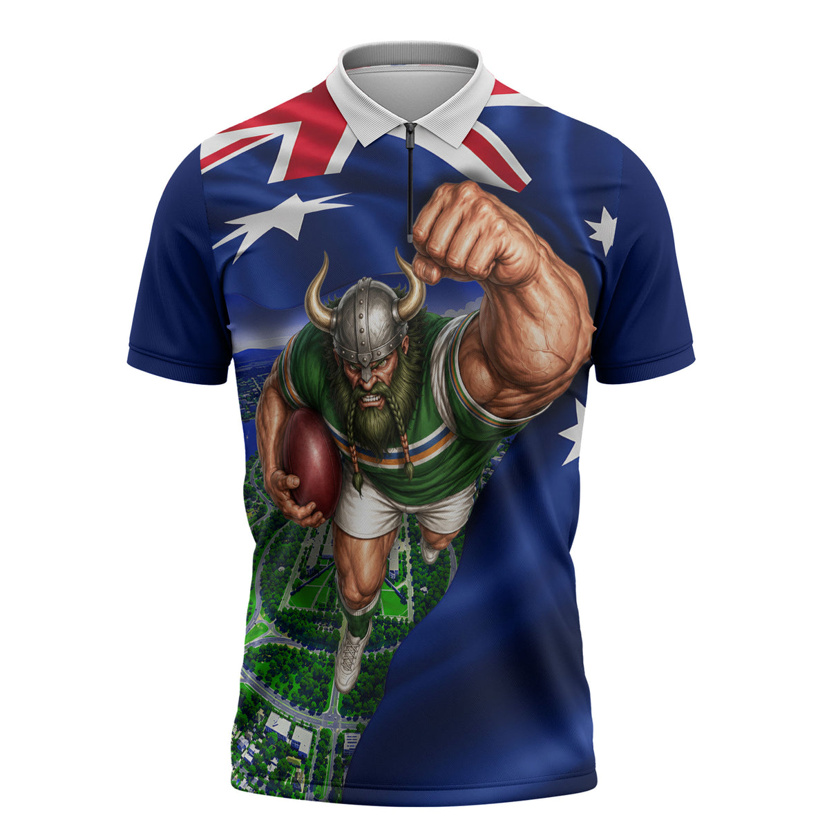 Personalized Canberra Raiders Rugby Zipper Polo Shirt Viking Mascot And Canberra Skyline Flag Art