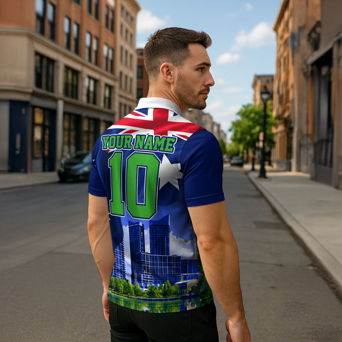 Personalized Canberra Raiders Rugby Zipper Polo Shirt Viking Mascot And Canberra Skyline Flag Art