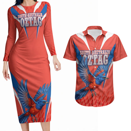 Personalized South Australia Oztag Bird Mascot Couples Matching Long Sleeve Bodycon Dress and Hawaiian Shirt Dynamic Team Spirit Graphic