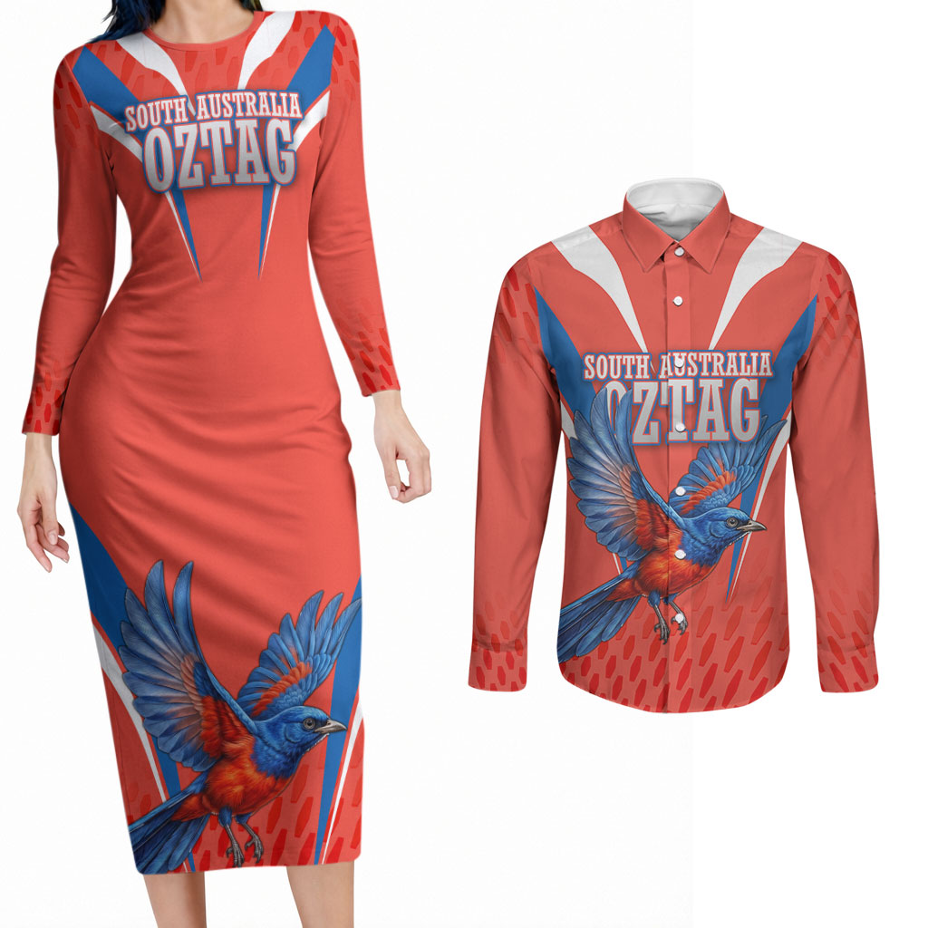 Personalized South Australia Oztag Bird Mascot Couples Matching Long Sleeve Bodycon Dress and Long Sleeve Button Shirt Dynamic Team Spirit Graphic