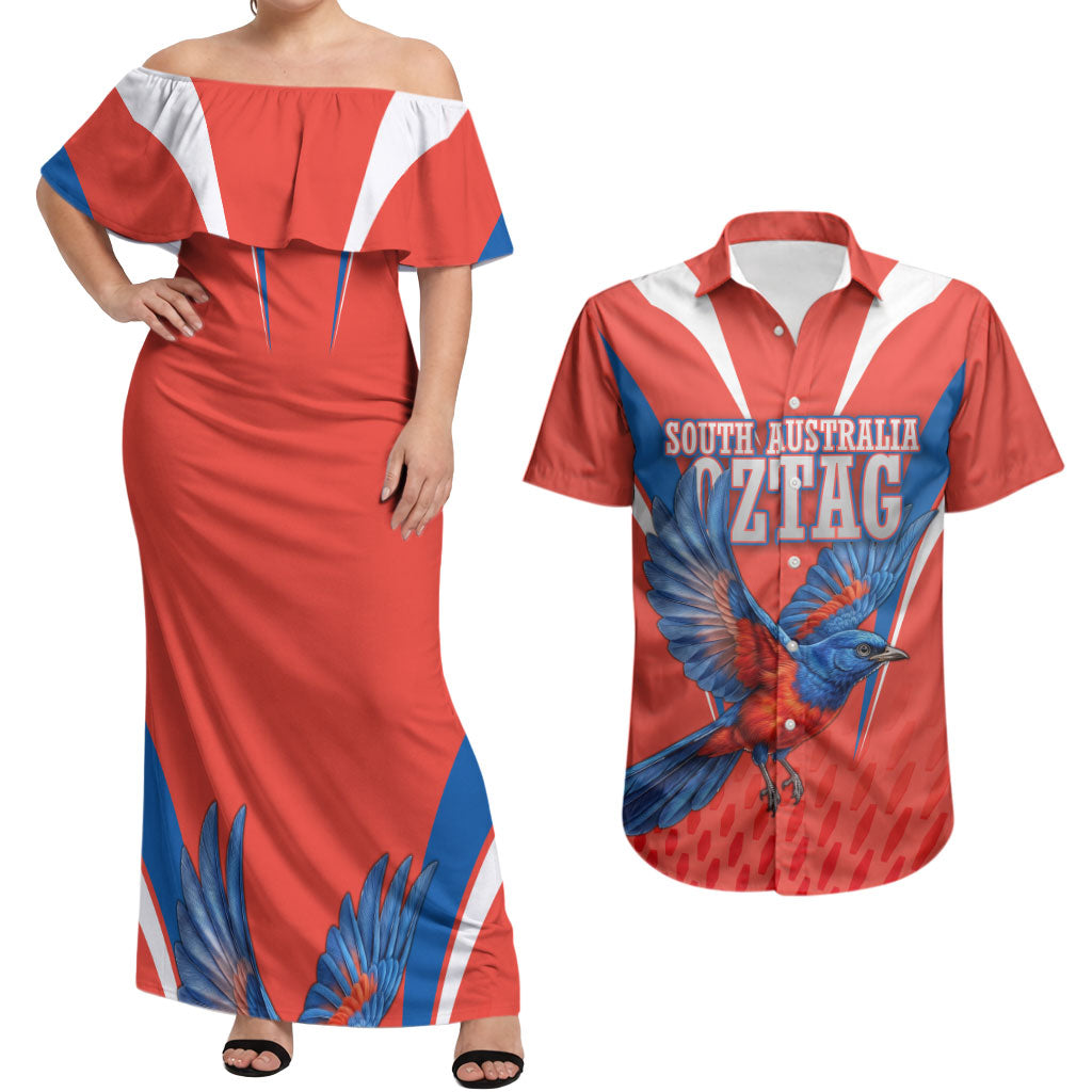 Personalized South Australia Oztag Bird Mascot Couples Matching Off Shoulder Maxi Dress and Hawaiian Shirt Dynamic Team Spirit Graphic