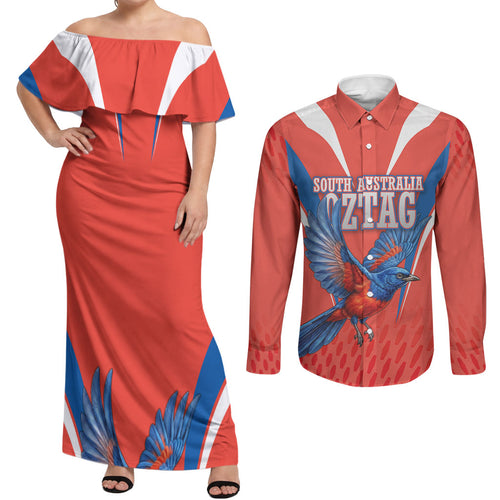 Personalized South Australia Oztag Bird Mascot Couples Matching Off Shoulder Maxi Dress and Long Sleeve Button Shirt Dynamic Team Spirit Graphic