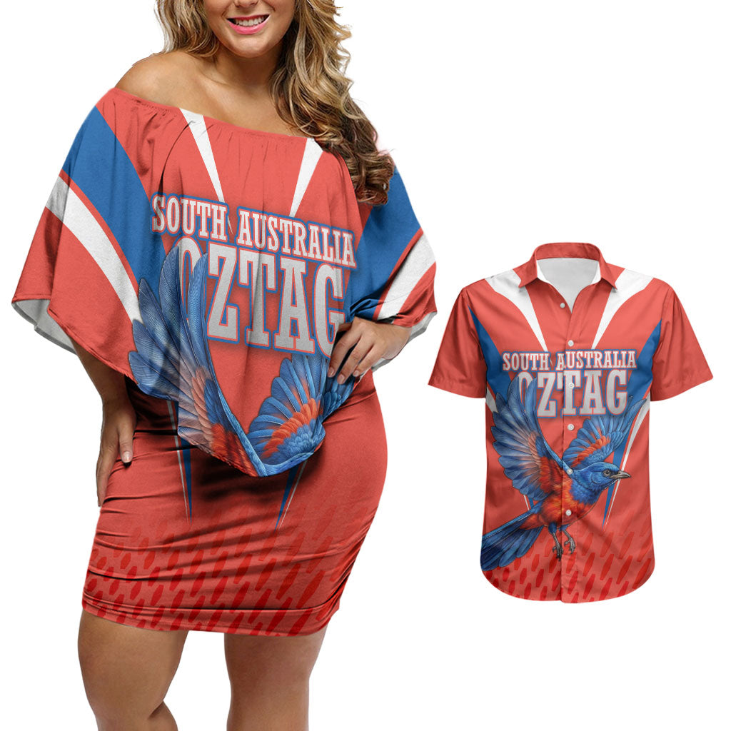 Personalized South Australia Oztag Bird Mascot Couples Matching Off Shoulder Short Dress and Hawaiian Shirt Dynamic Team Spirit Graphic