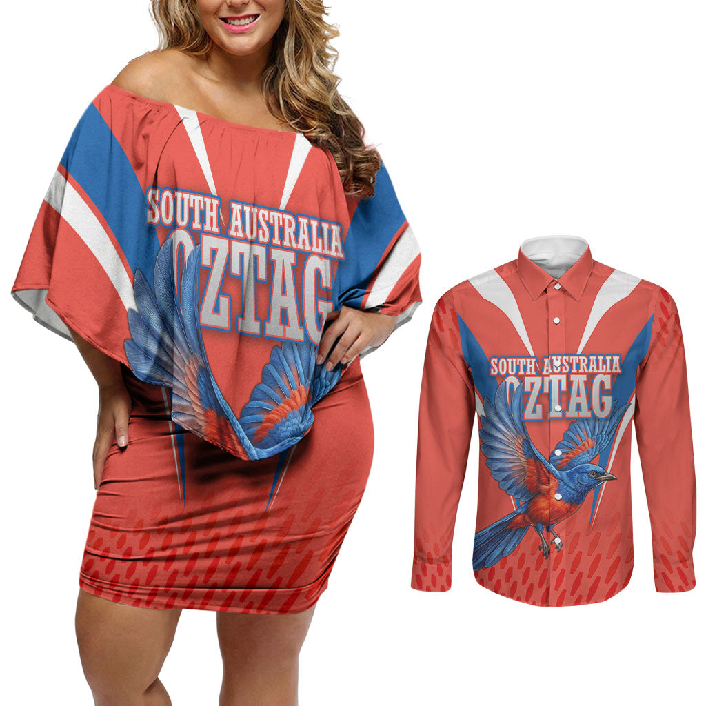 Personalized South Australia Oztag Bird Mascot Couples Matching Off Shoulder Short Dress and Long Sleeve Button Shirt Dynamic Team Spirit Graphic