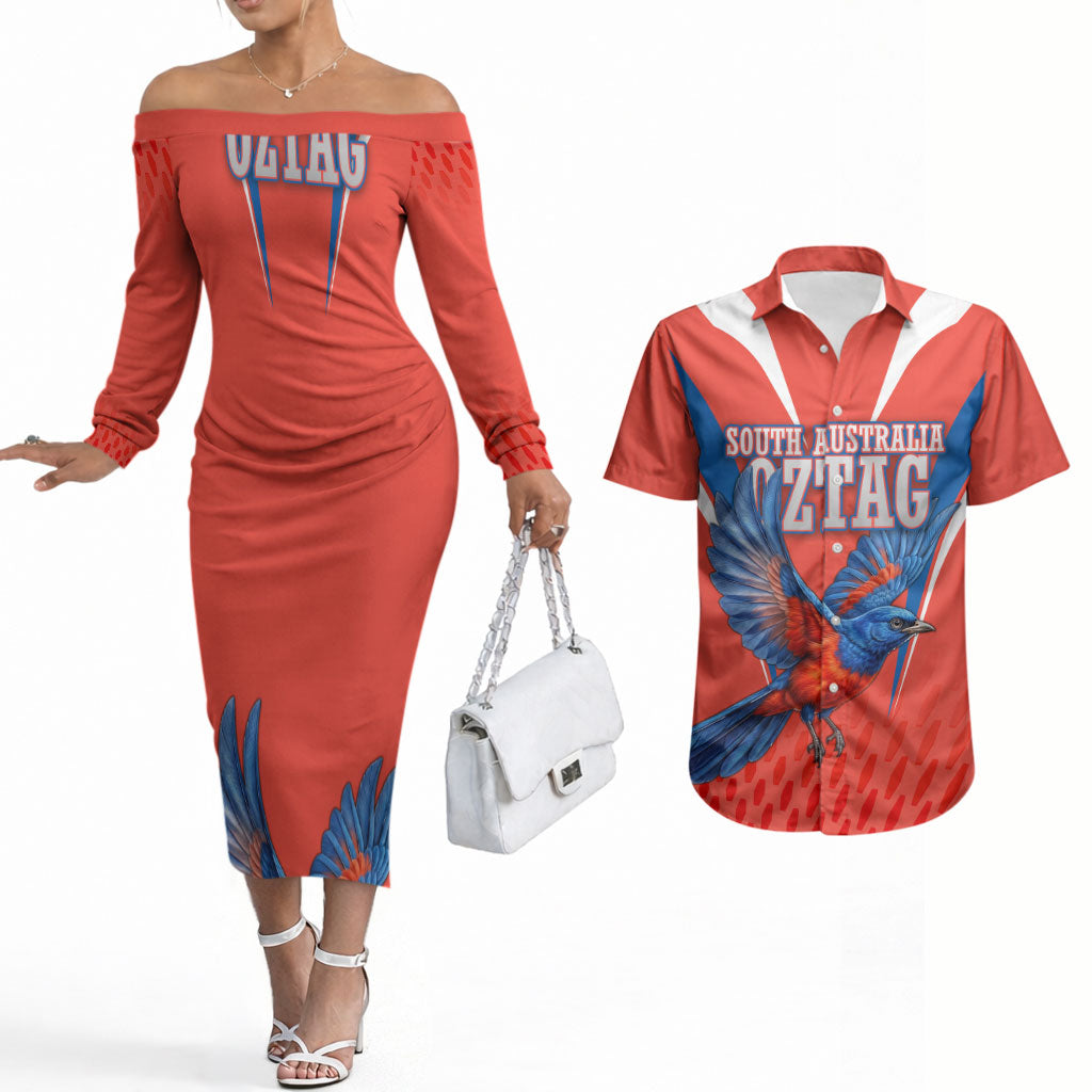 Personalized South Australia Oztag Bird Mascot Couples Matching Off The Shoulder Long Sleeve Dress and Hawaiian Shirt Dynamic Team Spirit Graphic