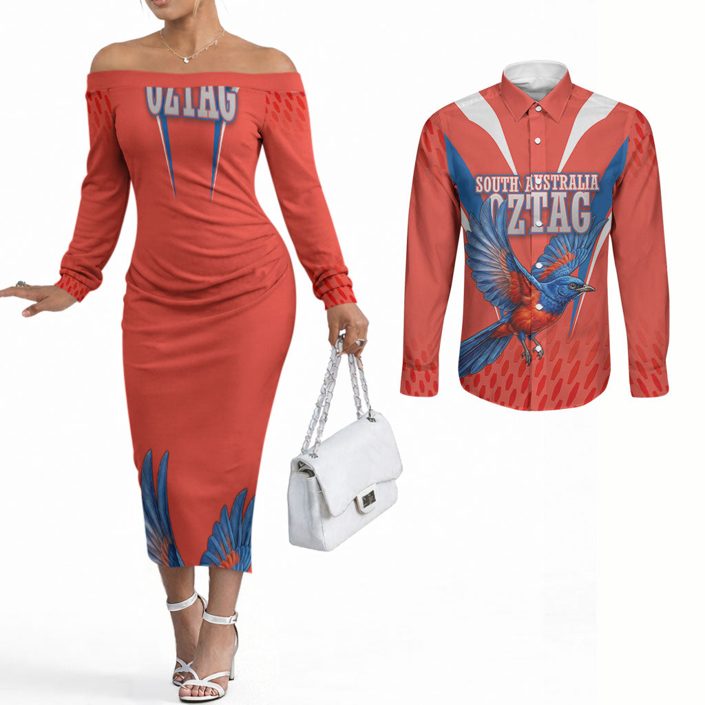 Personalized South Australia Oztag Bird Mascot Couples Matching Off The Shoulder Long Sleeve Dress and Long Sleeve Button Shirt Dynamic Team Spirit Graphic