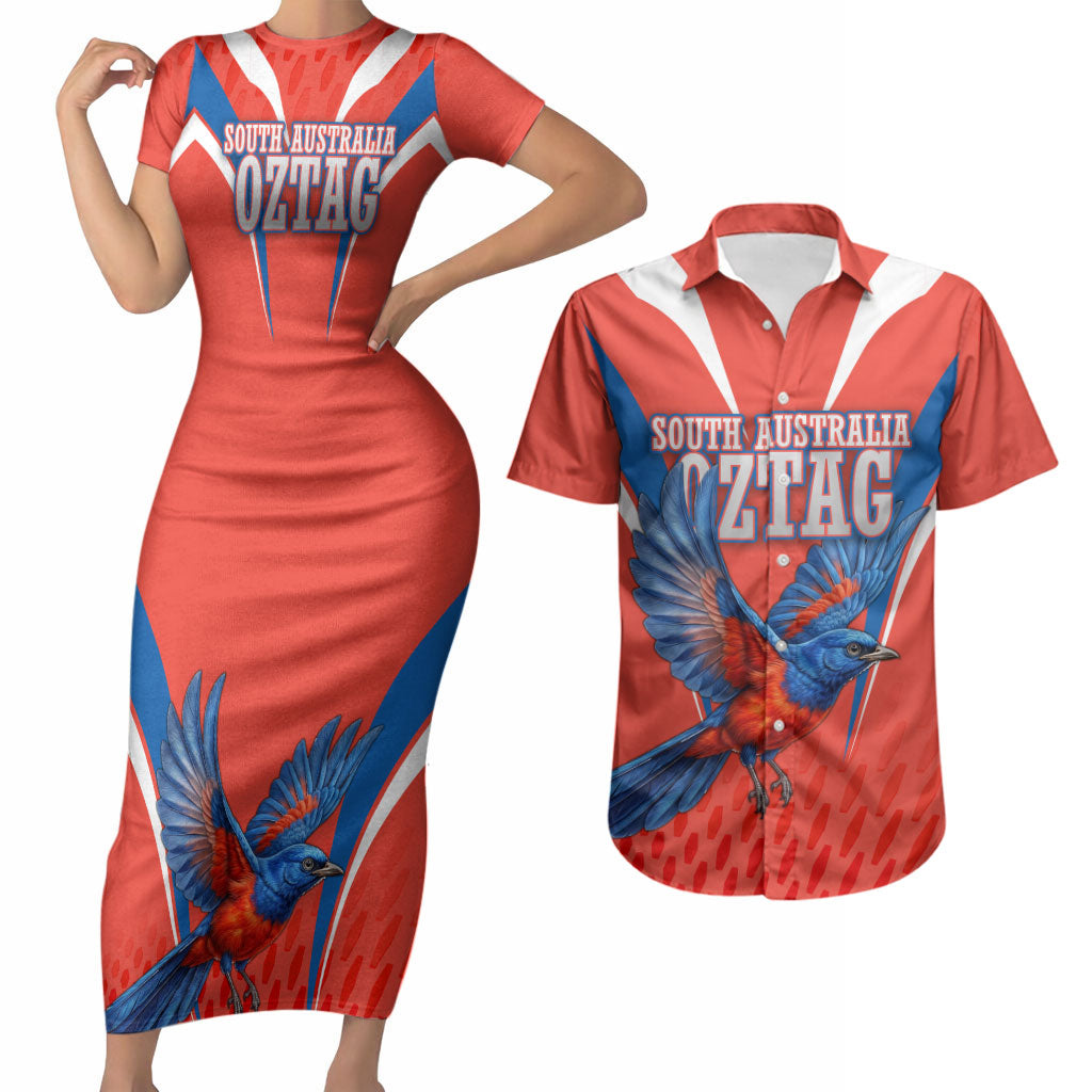 Personalized South Australia Oztag Bird Mascot Couples Matching Short Sleeve Bodycon Dress and Hawaiian Shirt Dynamic Team Spirit Graphic