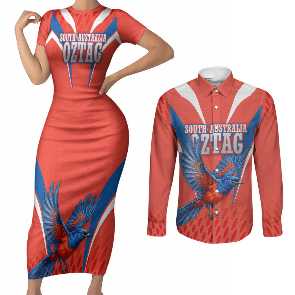 Personalized South Australia Oztag Bird Mascot Couples Matching Short Sleeve Bodycon Dress and Long Sleeve Button Shirt Dynamic Team Spirit Graphic