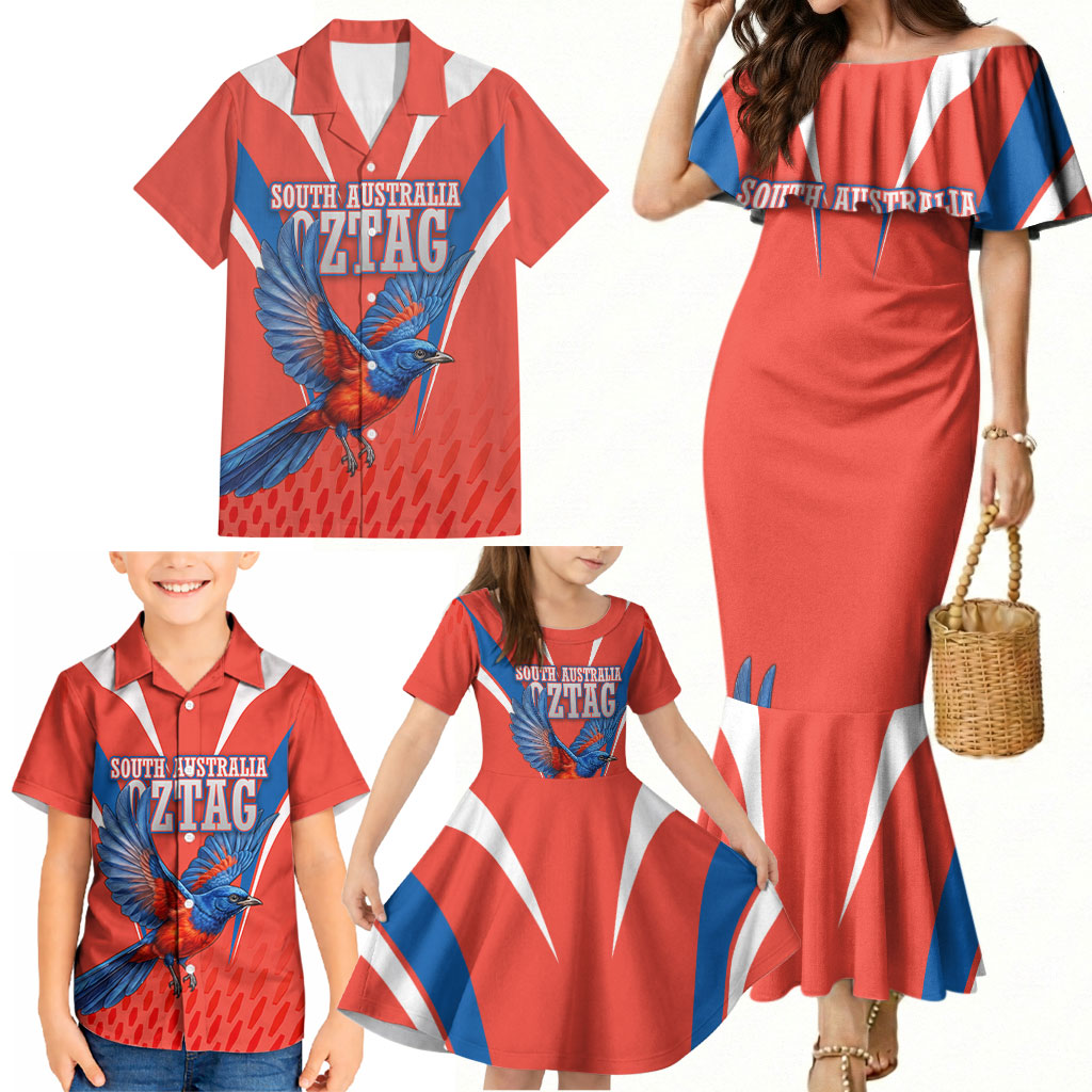 Personalized South Australia Oztag Bird Mascot Family Matching Mermaid Dress and Hawaiian Shirt Dynamic Team Spirit Graphic