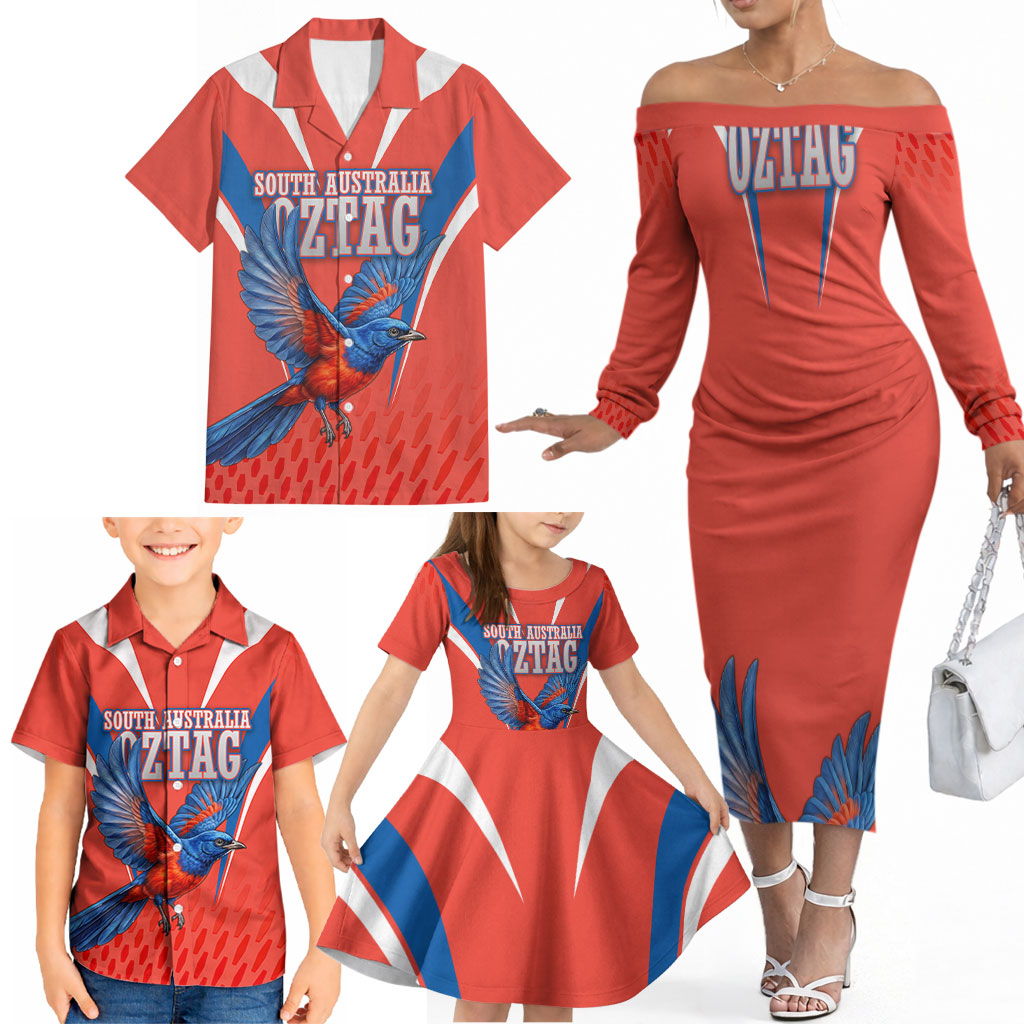 Personalized South Australia Oztag Bird Mascot Family Matching Off The Shoulder Long Sleeve Dress and Hawaiian Shirt Dynamic Team Spirit Graphic