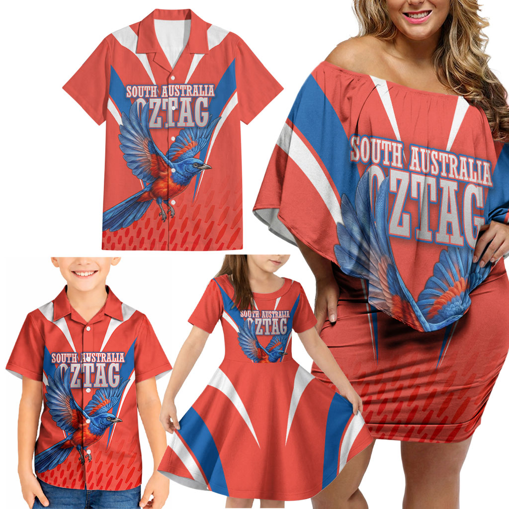 Personalized South Australia Oztag Bird Mascot Family Matching Off Shoulder Short Dress and Hawaiian Shirt Dynamic Team Spirit Graphic