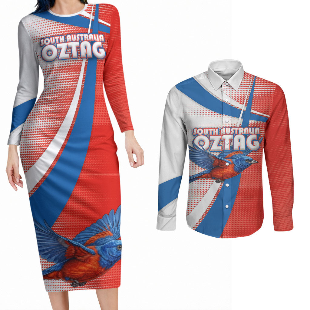 Personalised South Australia Oztag Bird Couples Matching Long Sleeve Bodycon Dress and Long Sleeve Button Shirt Australian Tag Rugby Bird Mascot