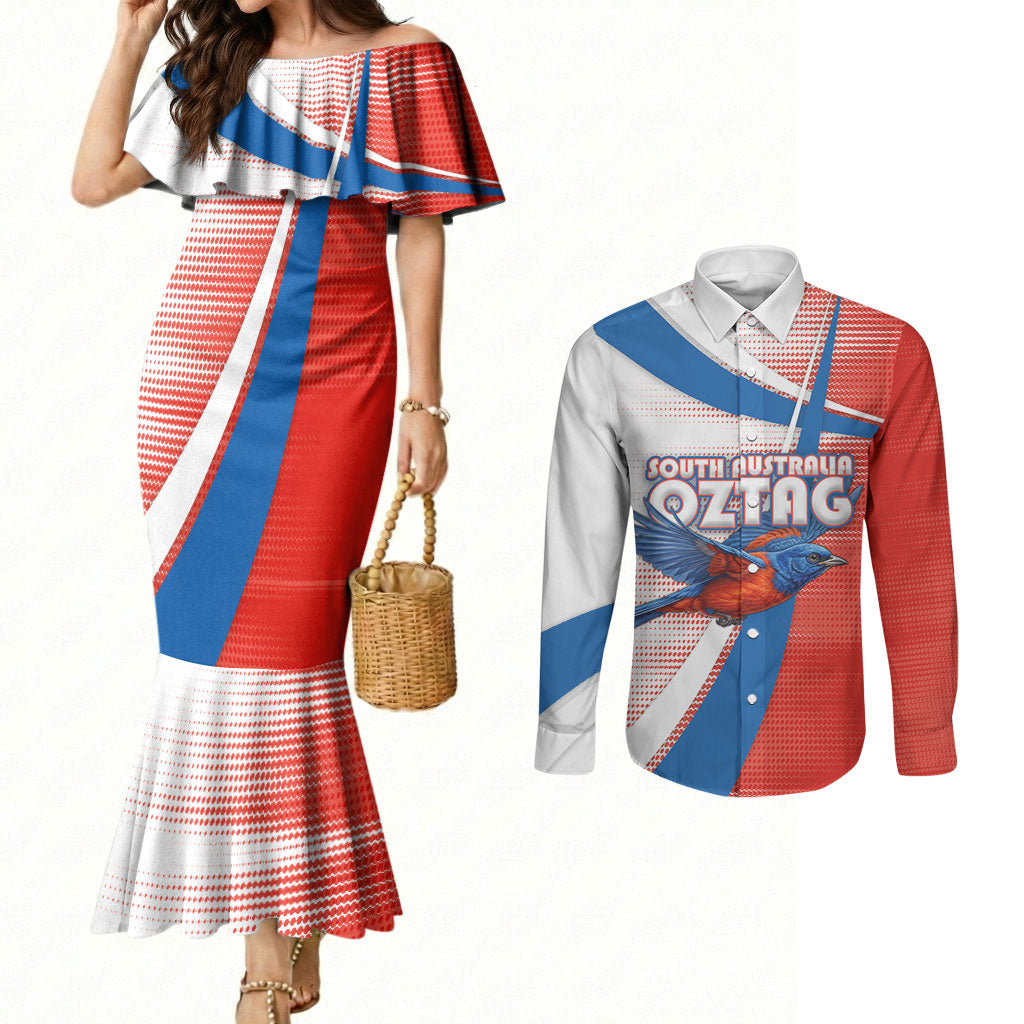 Personalised South Australia Oztag Bird Couples Matching Mermaid Dress and Long Sleeve Button Shirt Australian Tag Rugby Bird Mascot