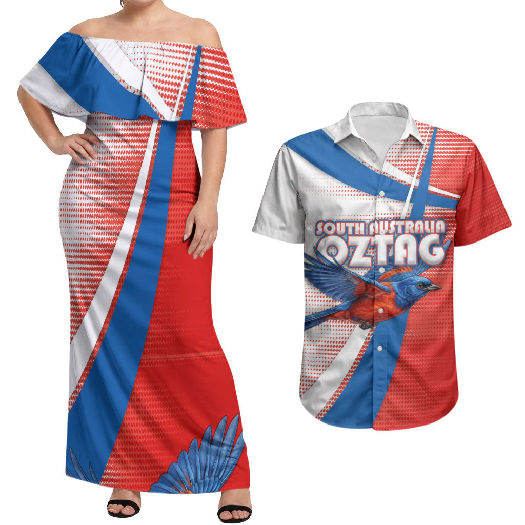 Personalised South Australia Oztag Bird Couples Matching Off Shoulder Maxi Dress and Hawaiian Shirt Australian Tag Rugby Bird Mascot