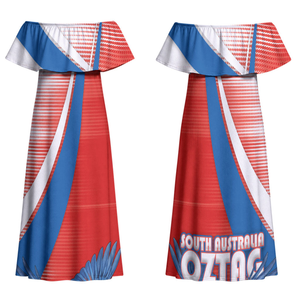 Personalised South Australia Oztag Bird Couples Matching Off Shoulder Maxi Dress and Hawaiian Shirt Australian Tag Rugby Bird Mascot