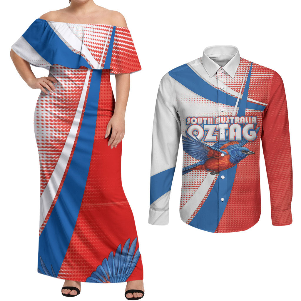 Personalised South Australia Oztag Bird Couples Matching Off Shoulder Maxi Dress and Long Sleeve Button Shirt Australian Tag Rugby Bird Mascot