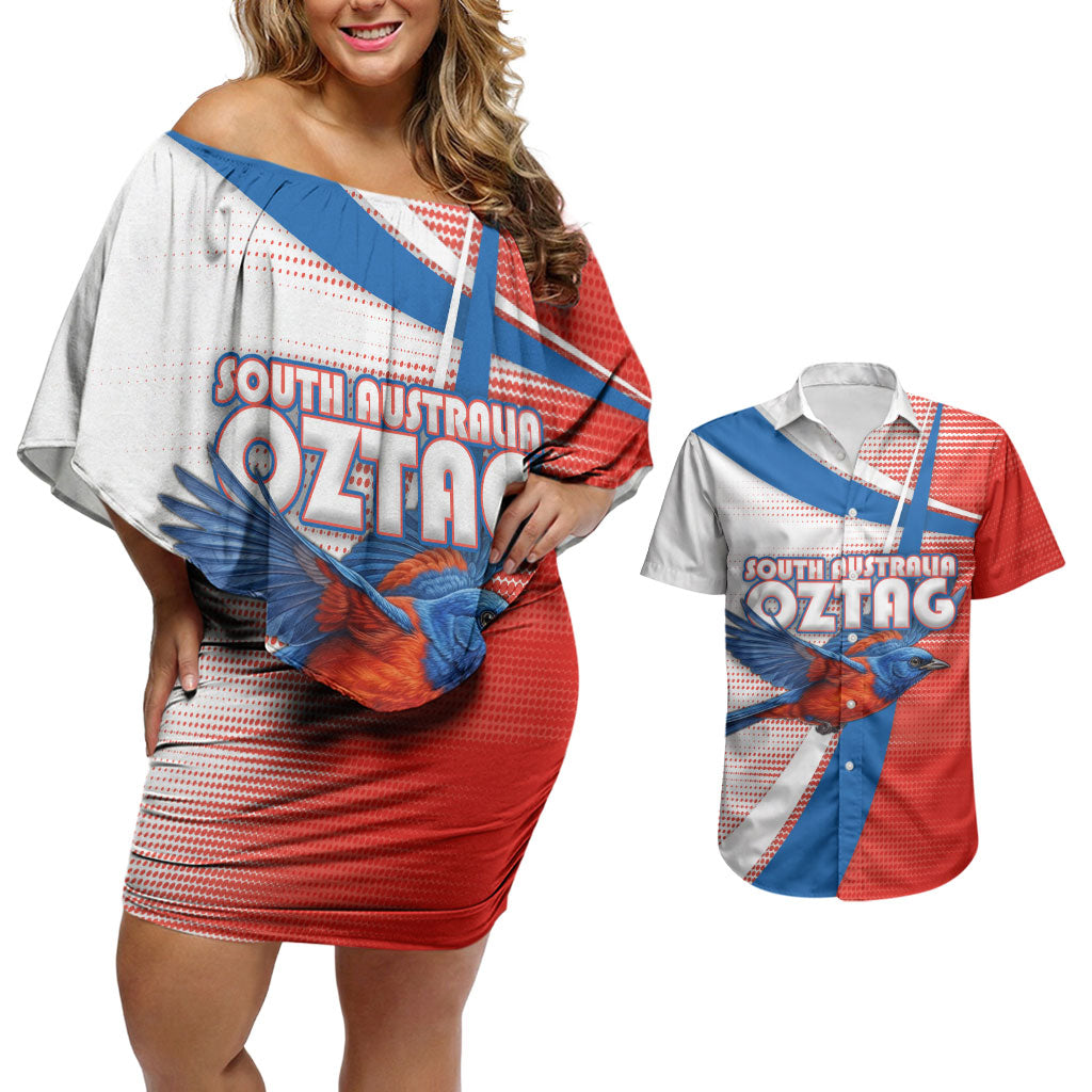 Personalised South Australia Oztag Bird Couples Matching Off Shoulder Short Dress and Hawaiian Shirt Australian Tag Rugby Bird Mascot
