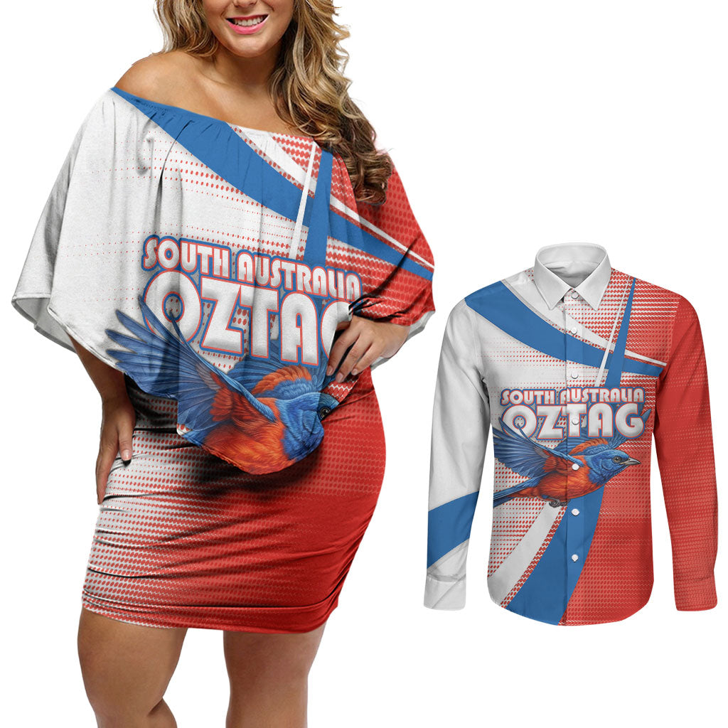 Personalised South Australia Oztag Bird Couples Matching Off Shoulder Short Dress and Long Sleeve Button Shirt Australian Tag Rugby Bird Mascot