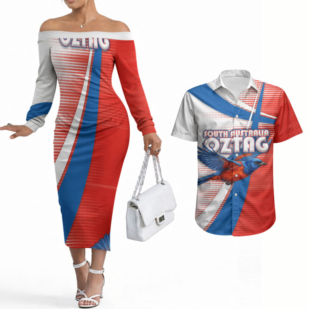 Personalised South Australia Oztag Bird Couples Matching Off The Shoulder Long Sleeve Dress and Hawaiian Shirt Australian Tag Rugby Bird Mascot