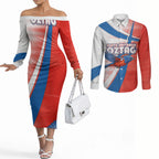 Personalised South Australia Oztag Bird Couples Matching Off The Shoulder Long Sleeve Dress and Long Sleeve Button Shirt Australian Tag Rugby Bird Mascot