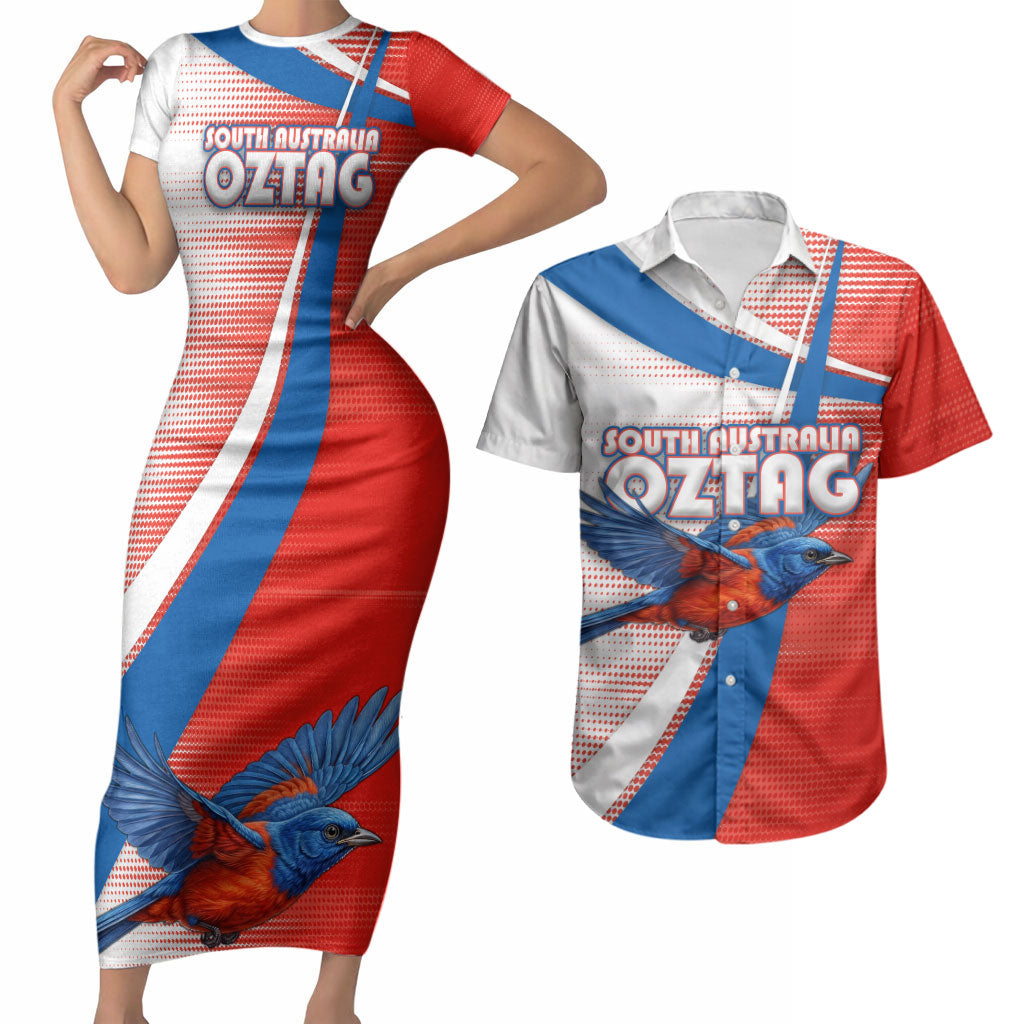 Personalised South Australia Oztag Bird Couples Matching Short Sleeve Bodycon Dress and Hawaiian Shirt Australian Tag Rugby Bird Mascot