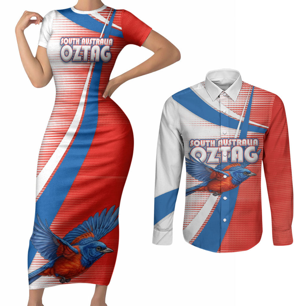 Personalised South Australia Oztag Bird Couples Matching Short Sleeve Bodycon Dress and Long Sleeve Button Shirt Australian Tag Rugby Bird Mascot