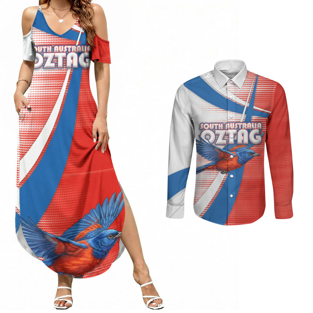 Personalised South Australia Oztag Bird Couples Matching Summer Maxi Dress and Long Sleeve Button Shirt Australian Tag Rugby Bird Mascot