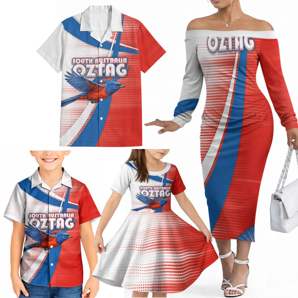 Personalised South Australia Oztag Bird Family Matching Off The Shoulder Long Sleeve Dress and Hawaiian Shirt Australian Tag Rugby Bird Mascot