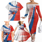 Personalised South Australia Oztag Bird Family Matching Off The Shoulder Long Sleeve Dress and Hawaiian Shirt Australian Tag Rugby Bird Mascot