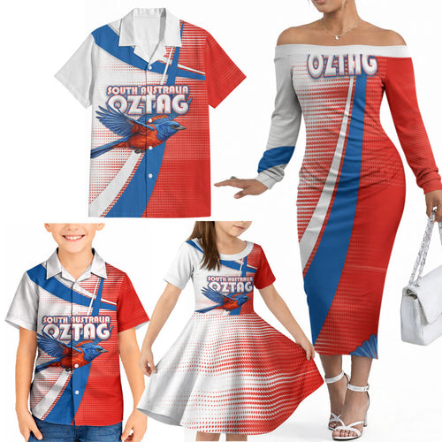 Personalised South Australia Oztag Bird Family Matching Off The Shoulder Long Sleeve Dress and Hawaiian Shirt Australian Tag Rugby Bird Mascot