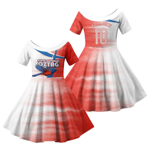 Personalised South Australia Oztag Bird Family Matching Off The Shoulder Long Sleeve Dress and Hawaiian Shirt Australian Tag Rugby Bird Mascot