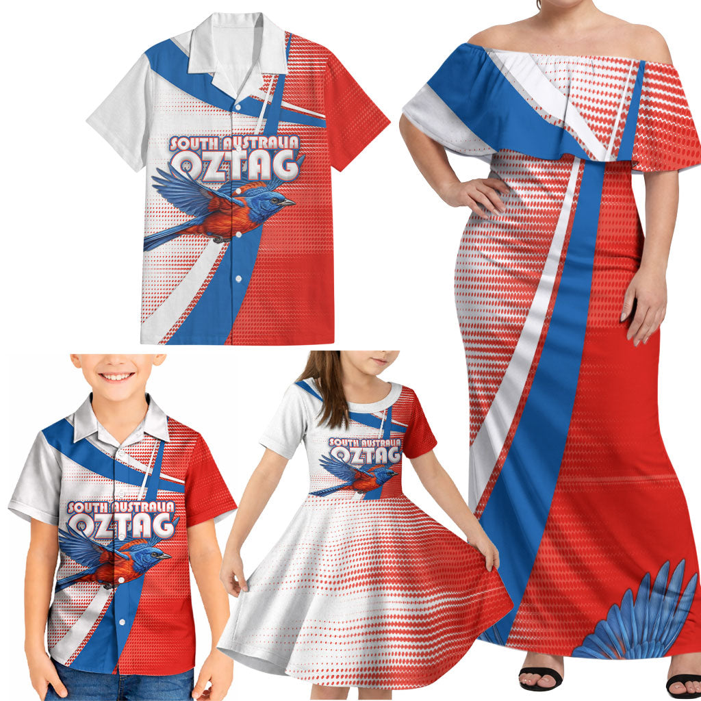 Personalised South Australia Oztag Bird Family Matching Off Shoulder Maxi Dress and Hawaiian Shirt Australian Tag Rugby Bird Mascot
