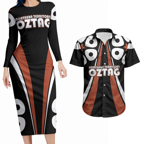 Personalised Northern Territory Oztag Couples Matching Long Sleeve Bodycon Dress and Hawaiian Shirt Aboriginal Dot Art Australian Sports