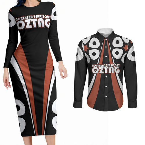 Personalised Northern Territory Oztag Couples Matching Long Sleeve Bodycon Dress and Long Sleeve Button Shirt Aboriginal Dot Art Australian Sports