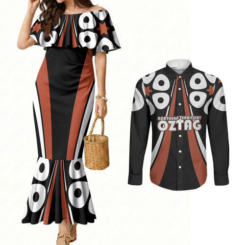 Personalised Northern Territory Oztag Couples Matching Mermaid Dress and Long Sleeve Button Shirt Aboriginal Dot Art Australian Sports