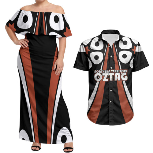 Personalised Northern Territory Oztag Couples Matching Off Shoulder Maxi Dress and Hawaiian Shirt Aboriginal Dot Art Australian Sports