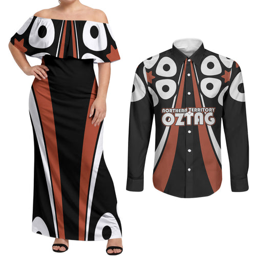 Personalised Northern Territory Oztag Couples Matching Off Shoulder Maxi Dress and Long Sleeve Button Shirt Aboriginal Dot Art Australian Sports