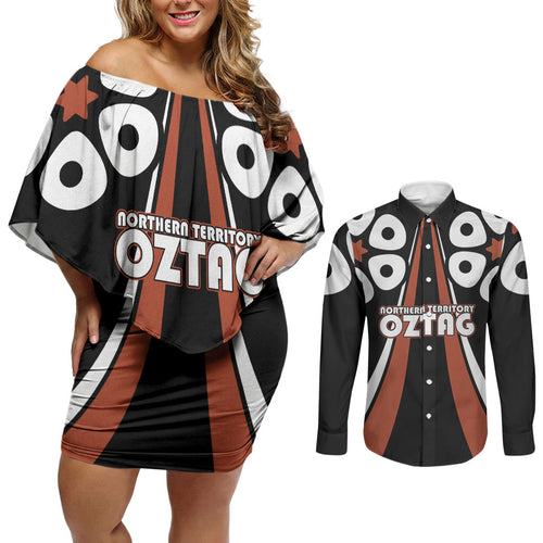 Personalised Northern Territory Oztag Couples Matching Off Shoulder Short Dress and Long Sleeve Button Shirt Aboriginal Dot Art Australian Sports