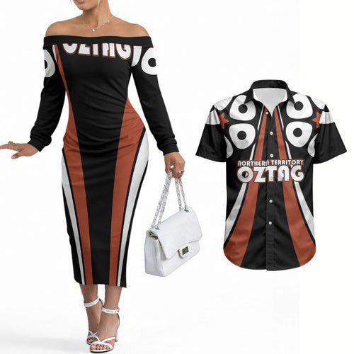 Personalised Northern Territory Oztag Couples Matching Off The Shoulder Long Sleeve Dress and Hawaiian Shirt Aboriginal Dot Art Australian Sports