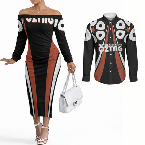 Personalised Northern Territory Oztag Couples Matching Off The Shoulder Long Sleeve Dress and Long Sleeve Button Shirt Aboriginal Dot Art Australian Sports