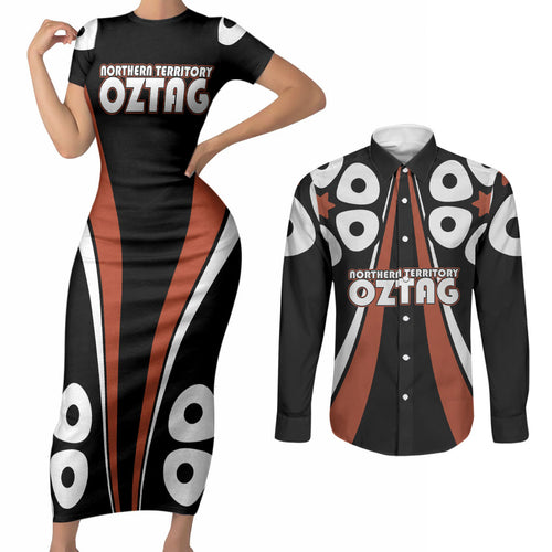 Personalised Northern Territory Oztag Couples Matching Short Sleeve Bodycon Dress and Long Sleeve Button Shirt Aboriginal Dot Art Australian Sports